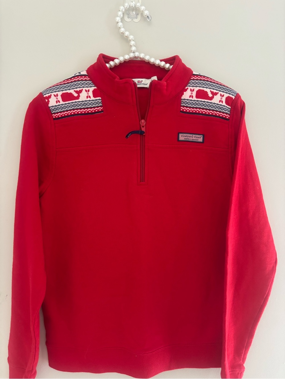 Vineyard Vines kids Red Quarter-Zip Pullover with Patterned Shoulder Trim -14